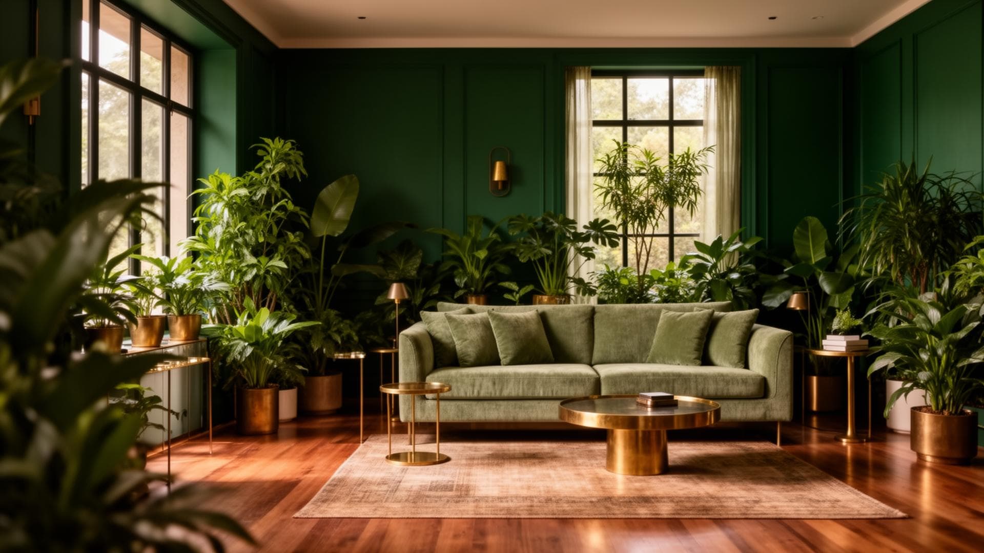 A plant-filled living room opening onto a balcony